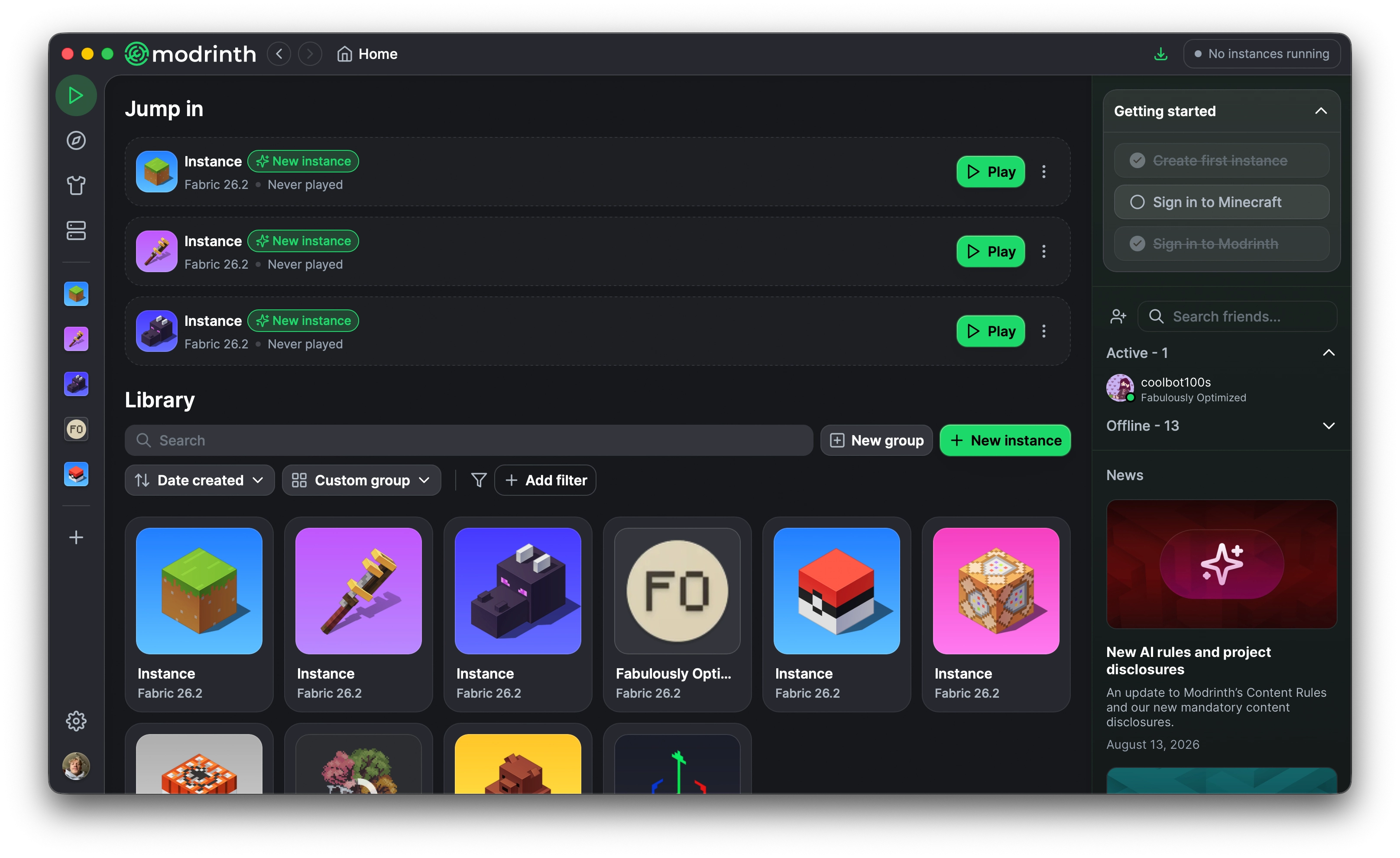 The new Play page showing three newly created instances at the top, and the Library section below featuring a bunch of instances with colorful icons.